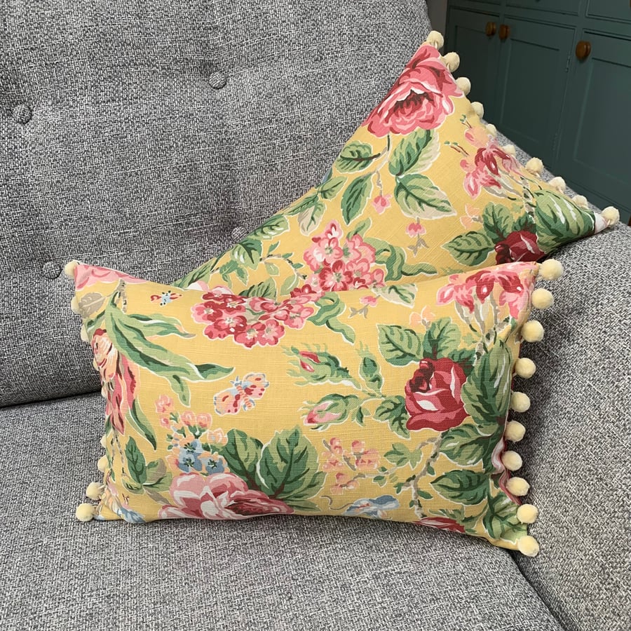 Laura Ashley rose print yellow cushion cover with pompoms