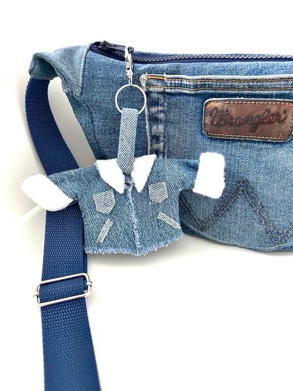 Mini denim jacket keyring with trimmed fur collar & cuffs