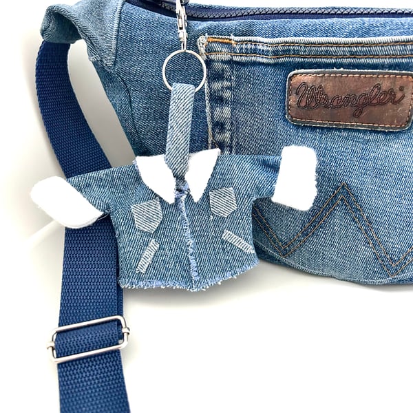Mini denim jacket keyring with trimmed fur collar & cuffs