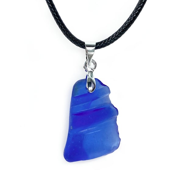 Sea Glass Pendant - Blue Beach Glass - Unisex Black Cord Necklace Jewellery