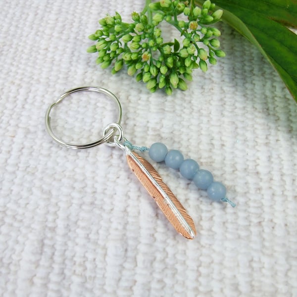 Bag Charm, Copper and Sterling Silver Feather with Angelite Gemstones