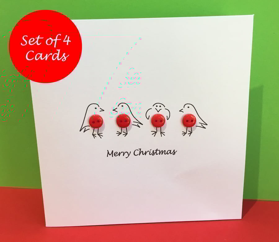 Pack of 4 Christmas Cards - Button Robins Christmas Card