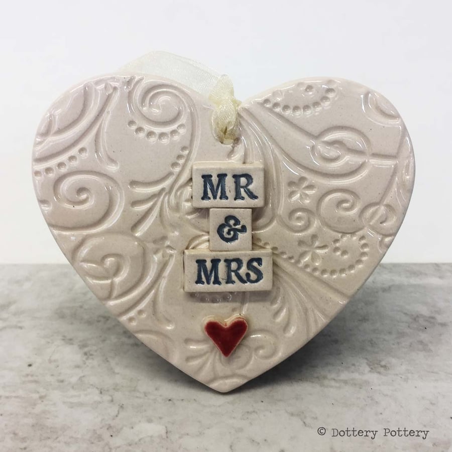  Wedding heart decoration Mr and Mrs Bride and Groom Pottery