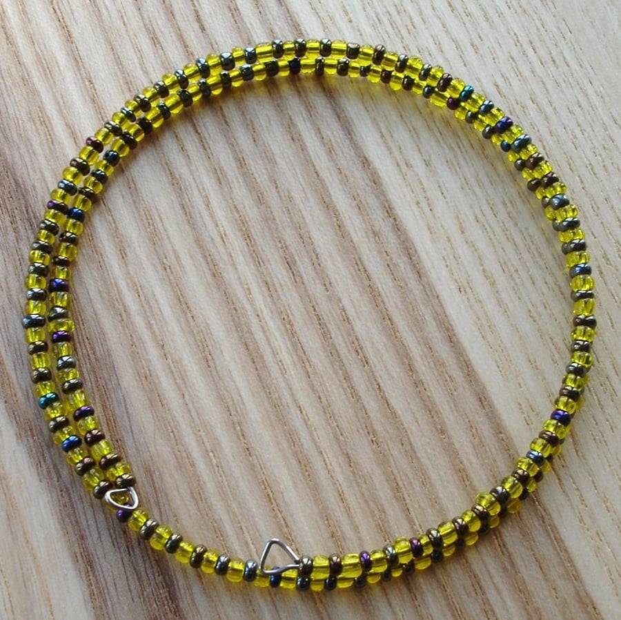 Yellow and Graphite Glass Seed Bead Spiral Bracelet