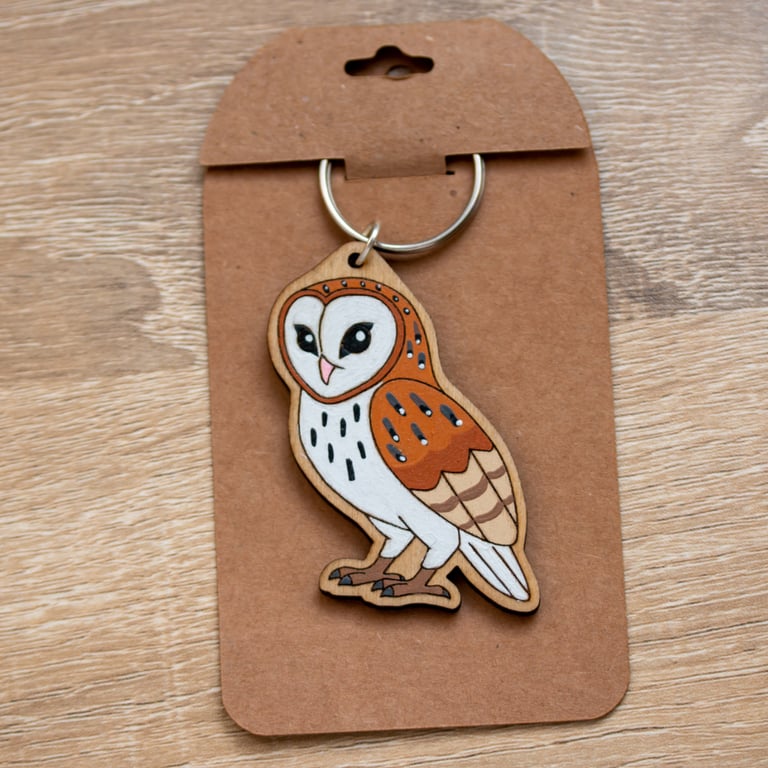 Hand-Painted Wooden Barn Owl Keyring – Nature Lover Gift