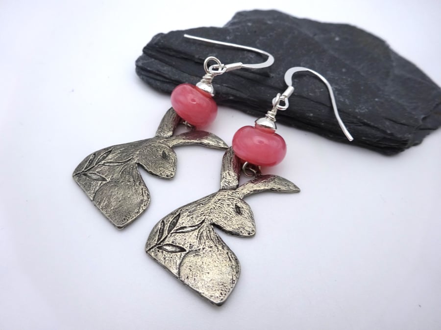pink lampwork glass and pewter hare earrings