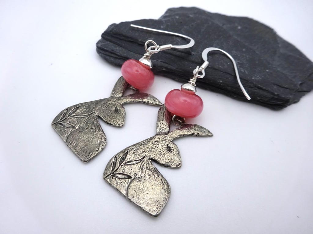 pink lampwork glass and pewter hare earrings