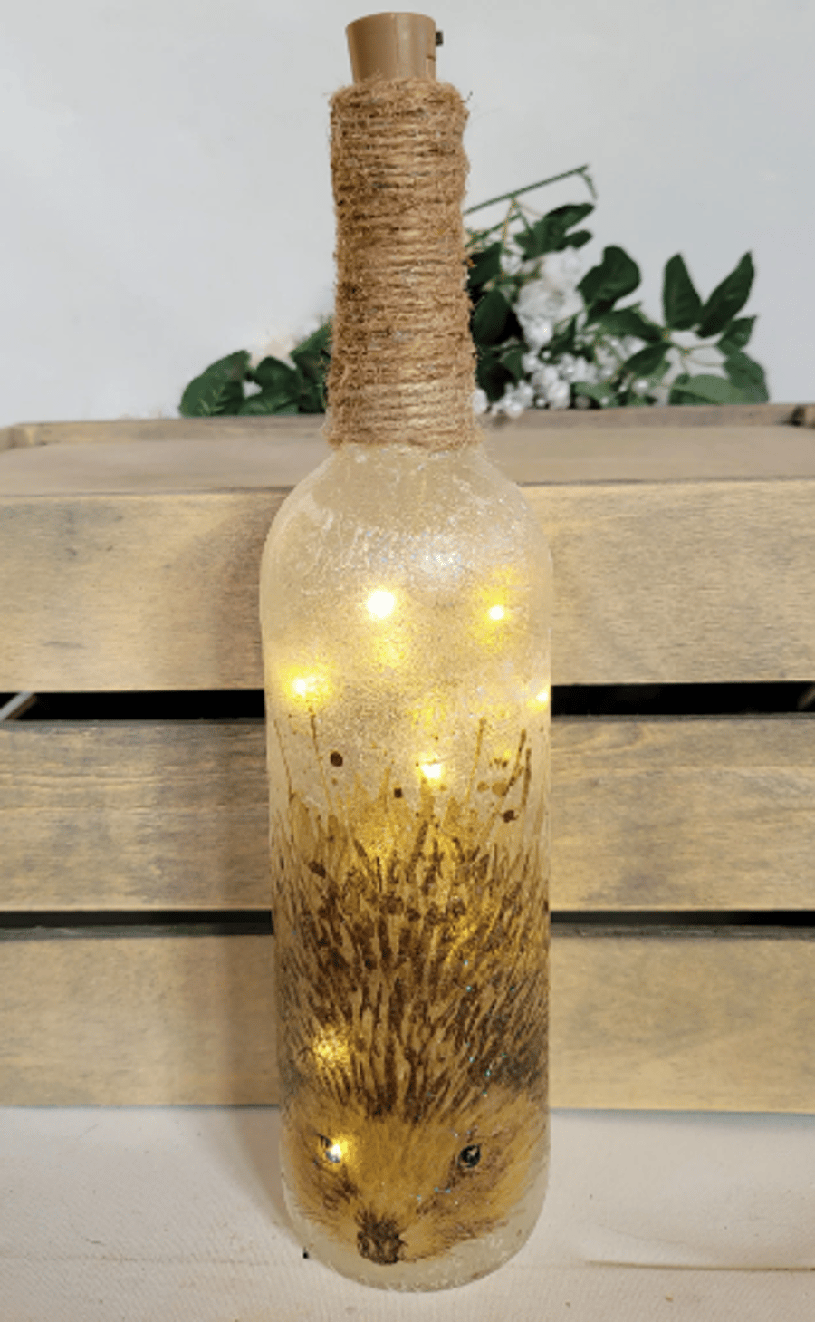 Decoupage Hedgehog Bottle Lamp with Jute Twine