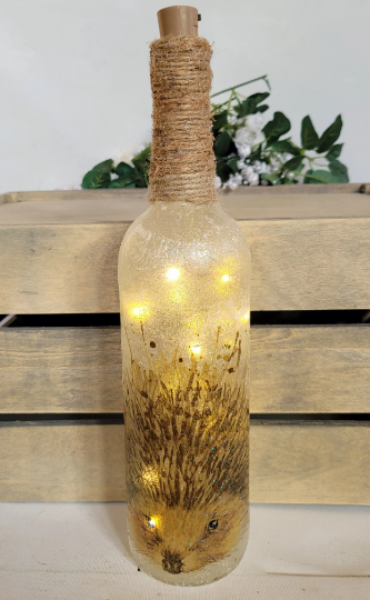 Decoupage Hedgehog Bottle Lamp with Jute Twine