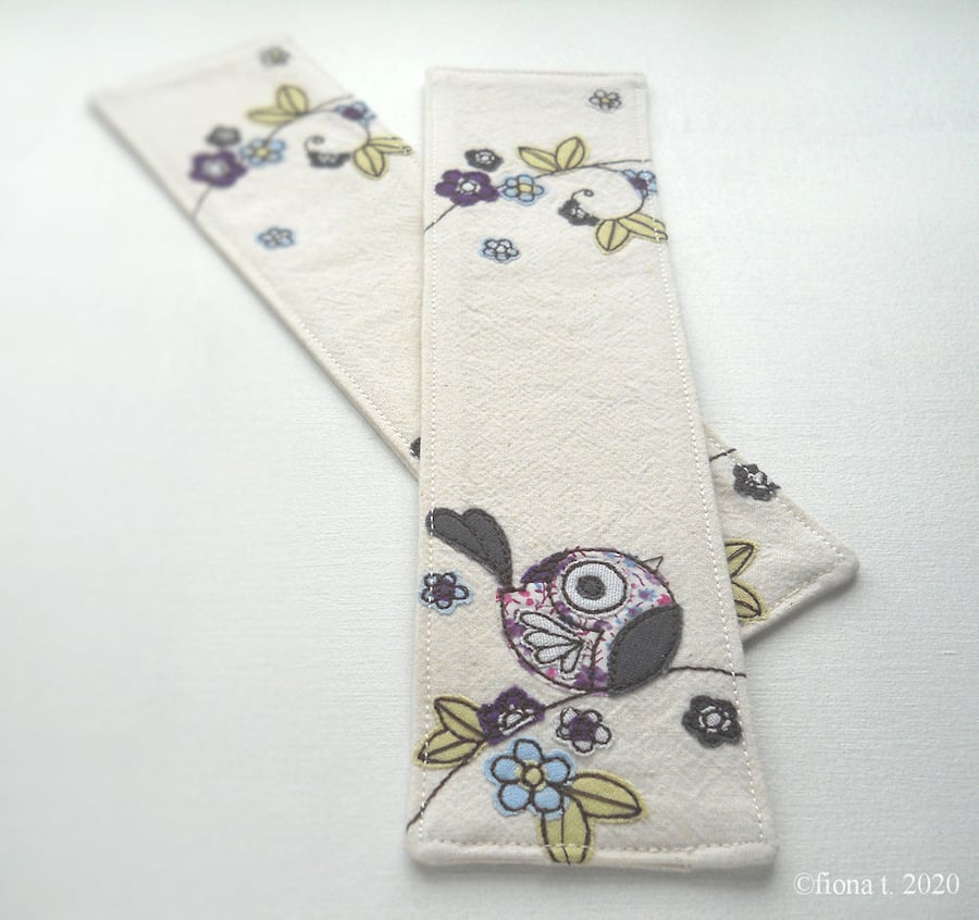 freehand embroidered fabric bookmark purple bird