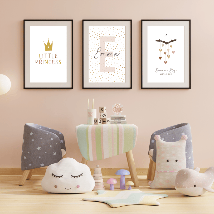 Nursery Wall Art, Set of 3 Personalised Boho Prints, Girls Nursery Decor