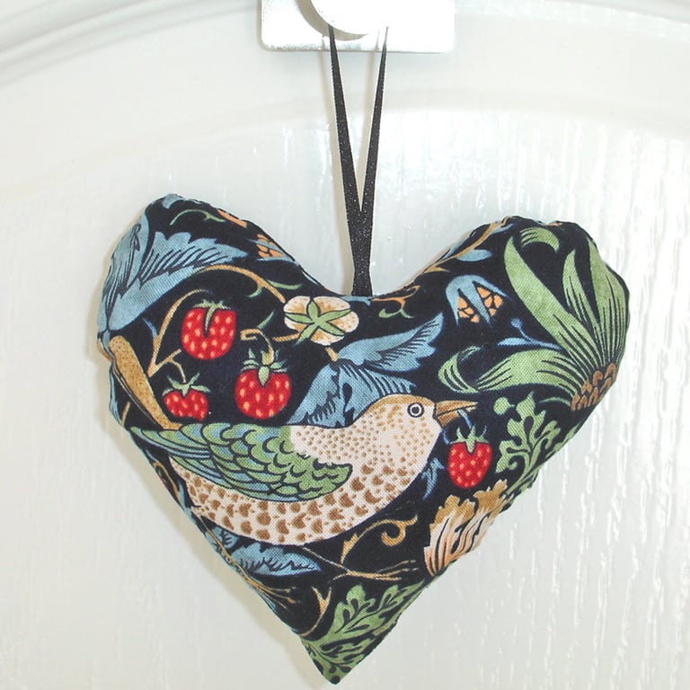 Strawberry Thief Hanging Heart Padded Hanger Decoration William Morris Blue