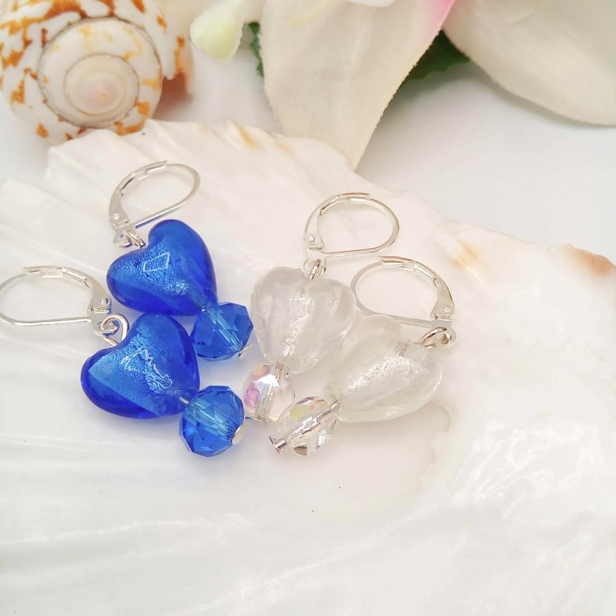 Glass Heart and Crystal Earrings with Lever Backs, Gift for Her, Heart Earrings