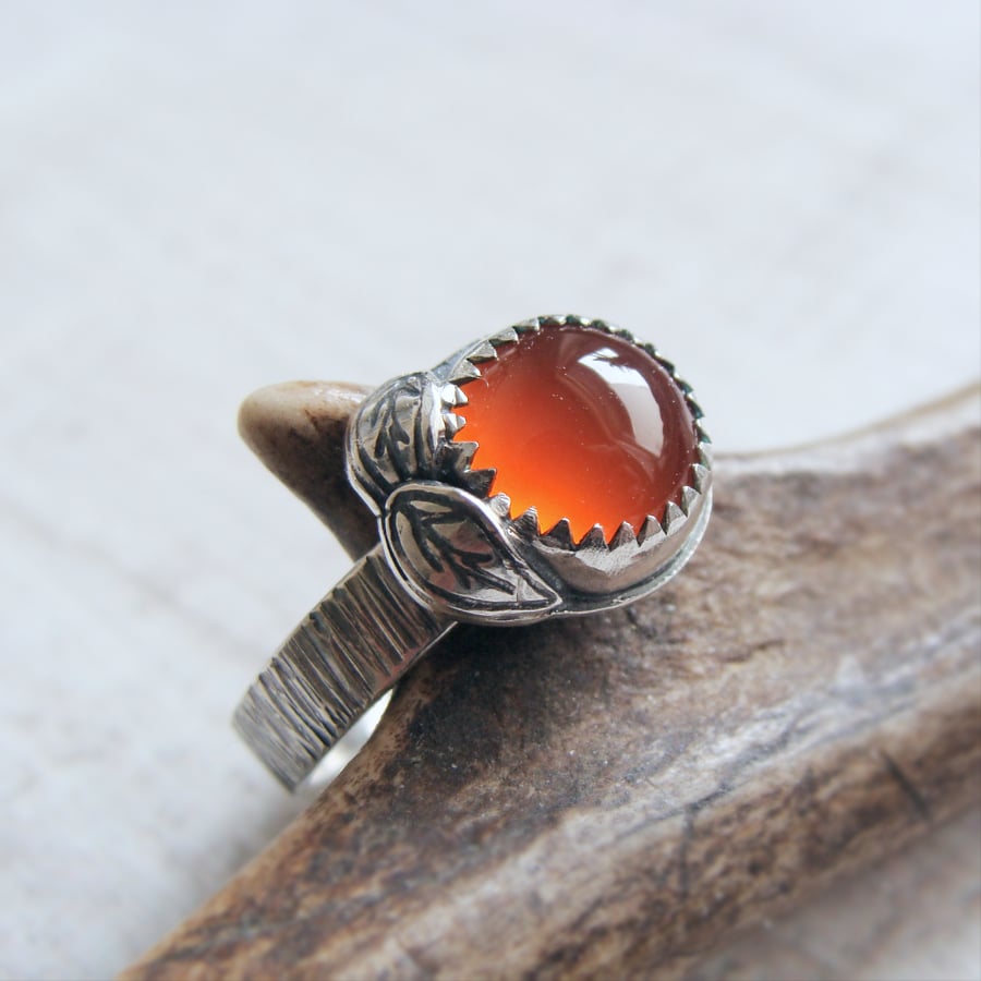 Sterling Silver Wood Bark Texture Orange Carnelian Silver Leaves Ring No.3 