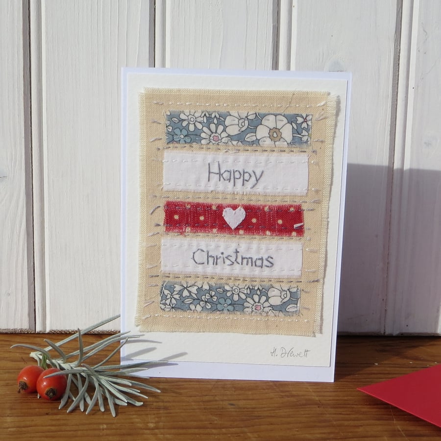 Scandi Happy Christmas hand-stitched card with Liberty Fabric