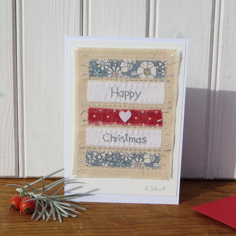 Scandi Happy Christmas hand-stitched card with Liberty Fabric