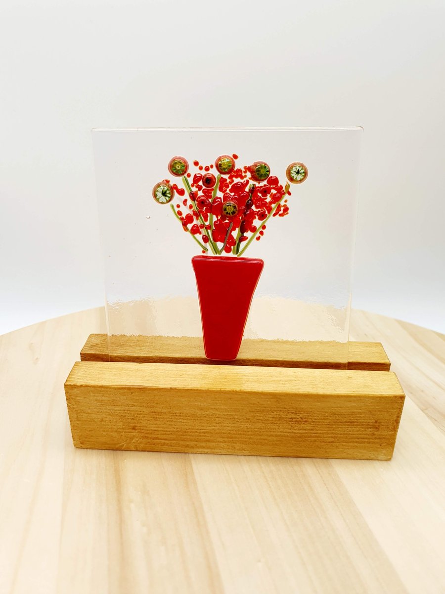 Fused Glass ‘Everlasting Flowers in a Vase’ Tile in a Wooden Stand