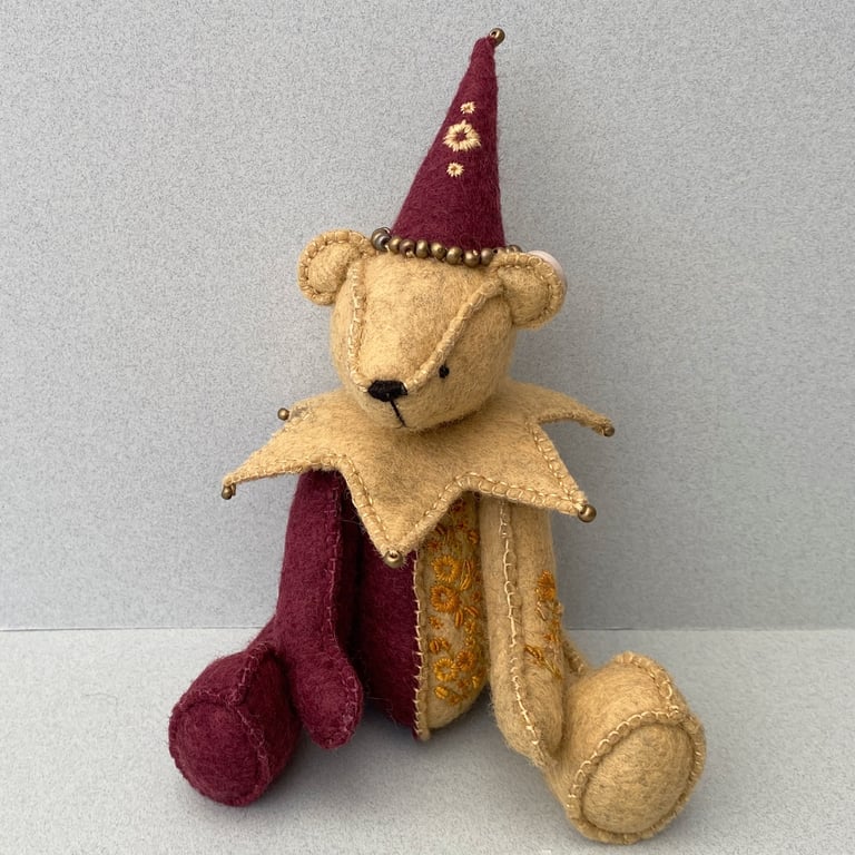 Jester artist bear, one of a kind adult collectable teddy bear, hand embroidered