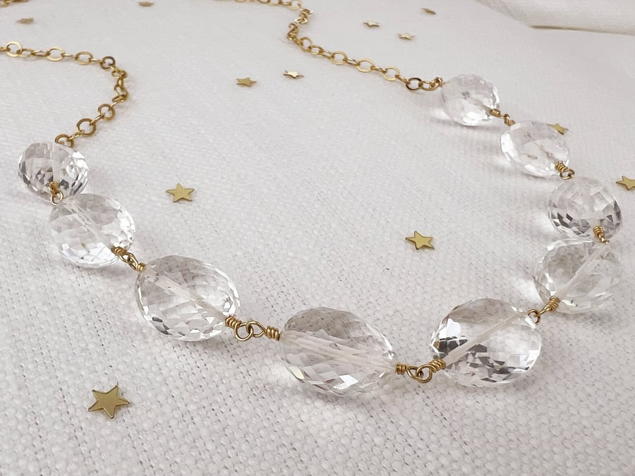 Fabulous Statement Faceted Crystal Quartz Necklace in Gold Filled