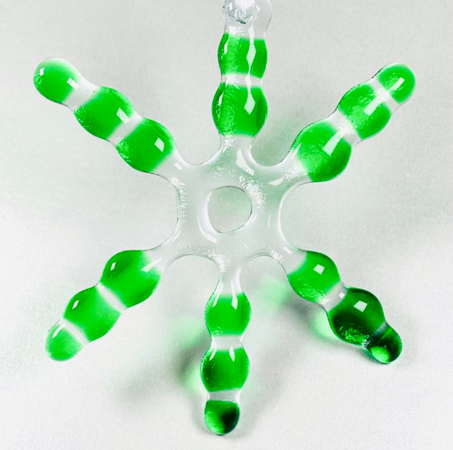 Fused glass  Christmas snowflake decoration in green and clear glass 