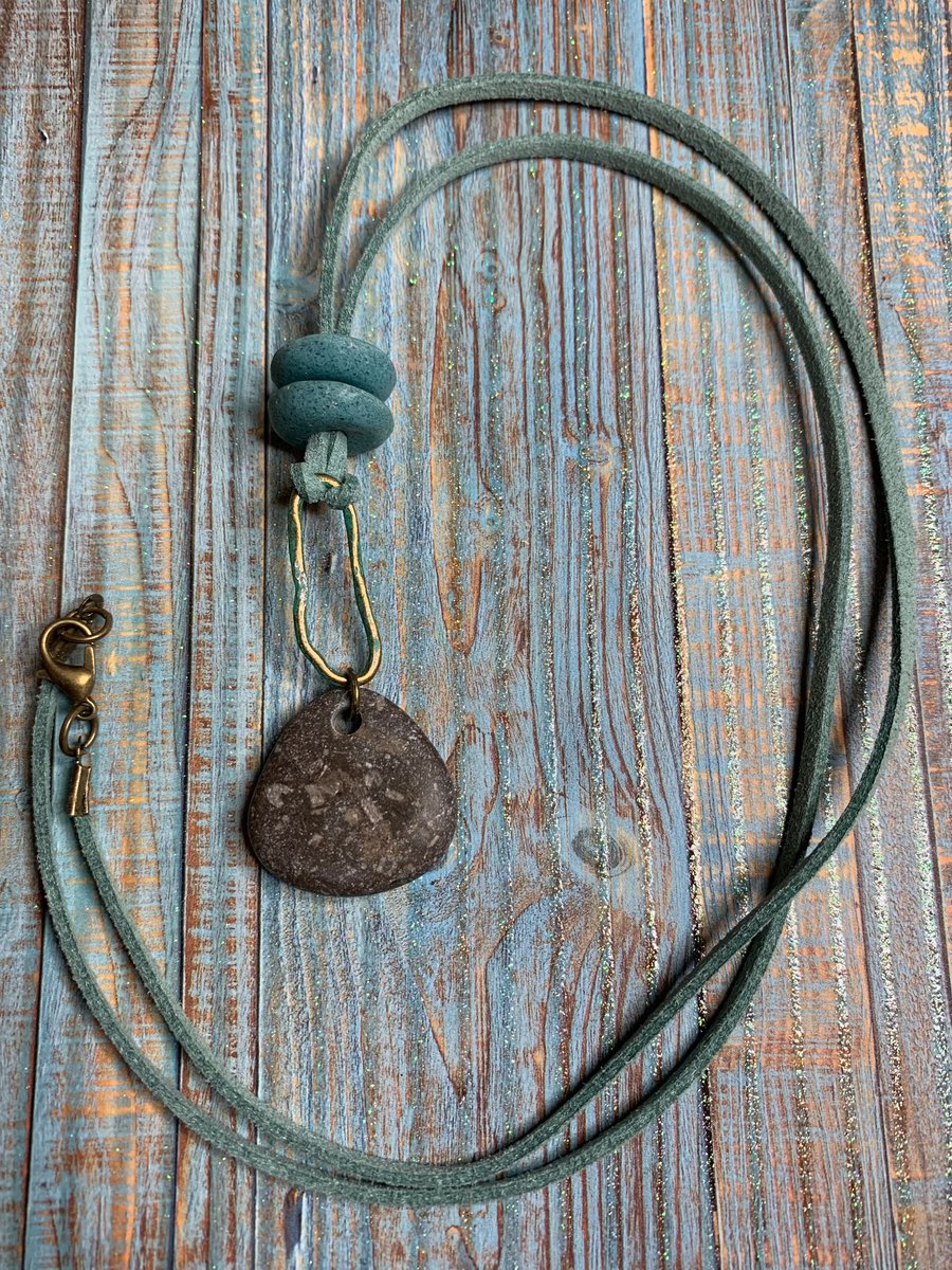 Pebble pendant with brass verdigris finish 