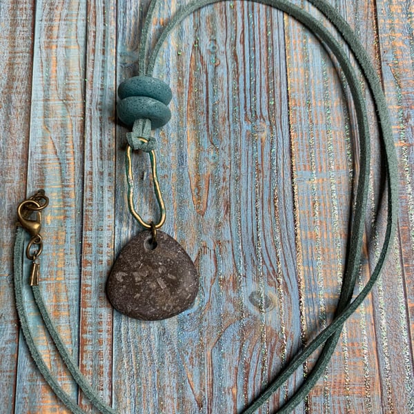 Pebble pendant with brass verdigris finish 