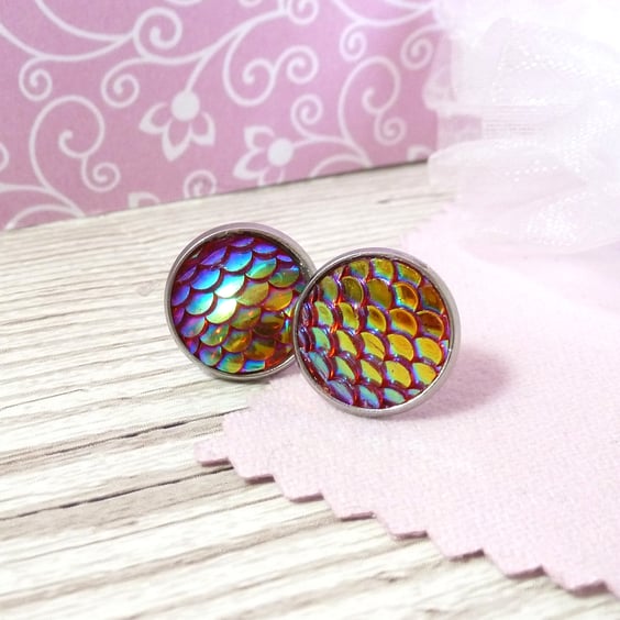 Red iridescent mermaid earrings, bright studs with stainless steel