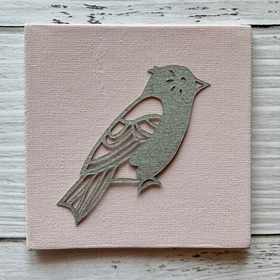 Mini Bird 'Clarence' Original Hand Cut Papercut on Canvas - Grey