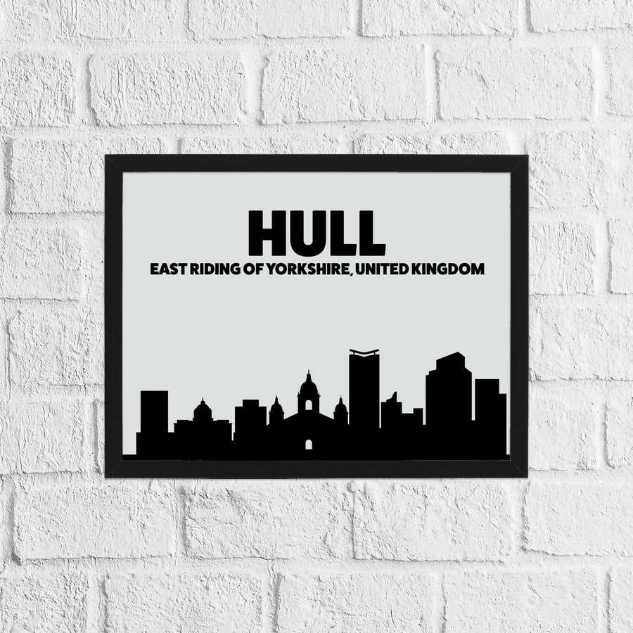 Skyline silhouette of Hull, East Riding of Yorkshire, UK, grey and black print