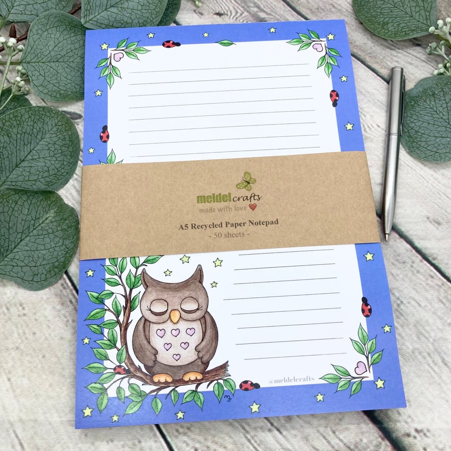Notepad - A5 Recycled Paper Lined Notepad - Sleepy Owl