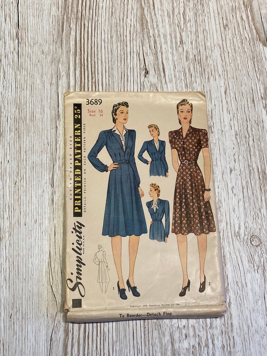 Vintage Simplicity 3689 sewing pattern, size 16 bust 34" (1941) UNCUT (Z3689)