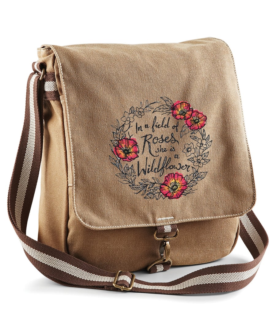 Field Of Roses Embroidered Canvas Field Bag