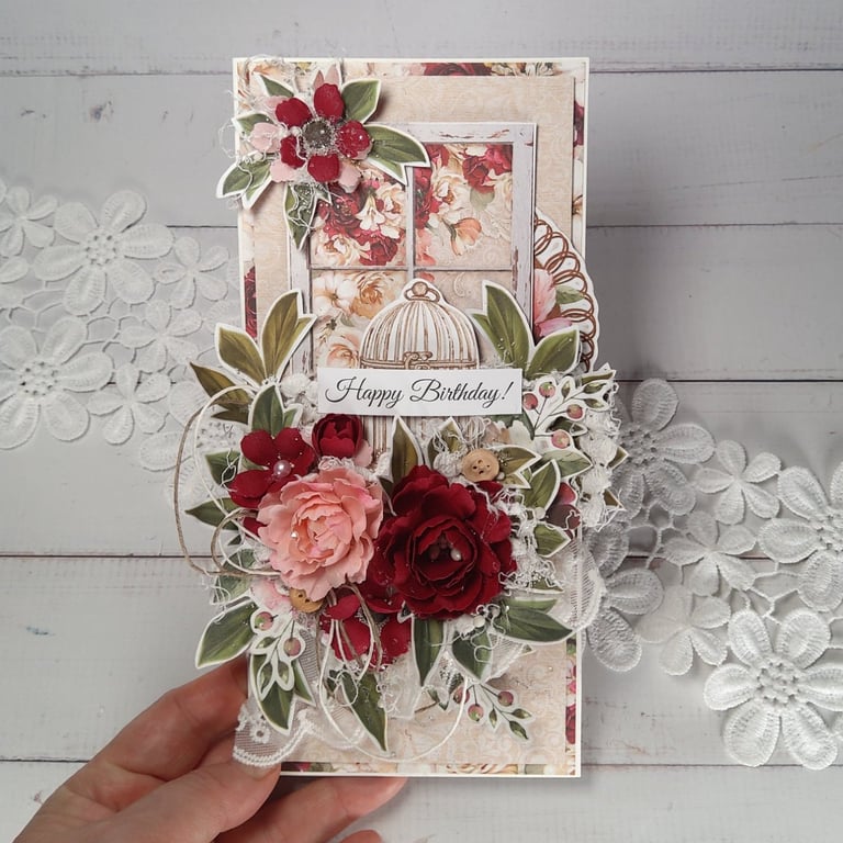 Luxury Handmade Birthday Card (130)Burgundy & Blush Pink Flowers. Sparkling Card