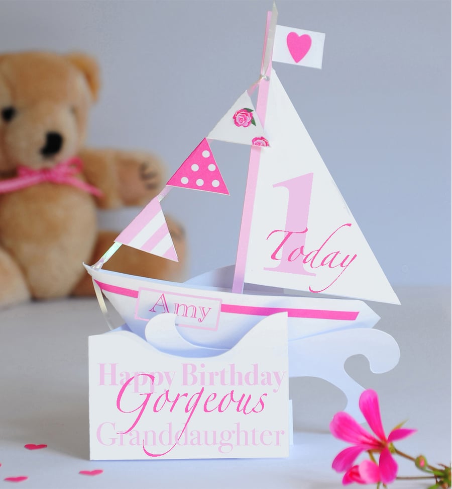 A unique Personalised Pop-up Sailing Boat Card for a Baby Girl's 1st Birthday.