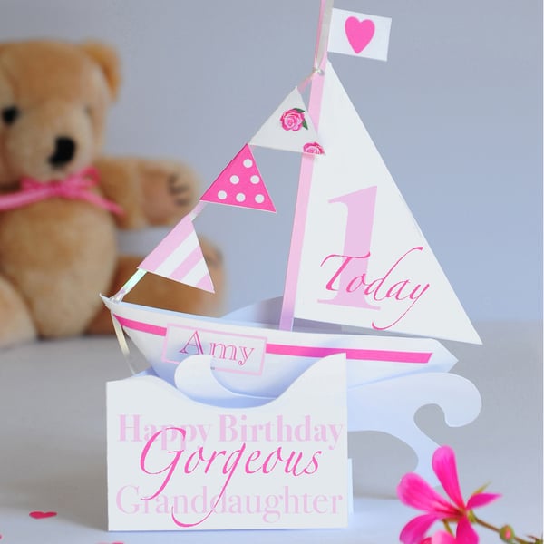 A unique Personalised Pop-up Sailing Boat Card for a Baby Girl's 1st Birthday.