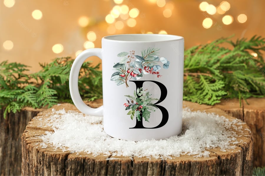 Christmas mug gift, winter foliage wreath, personalised initials