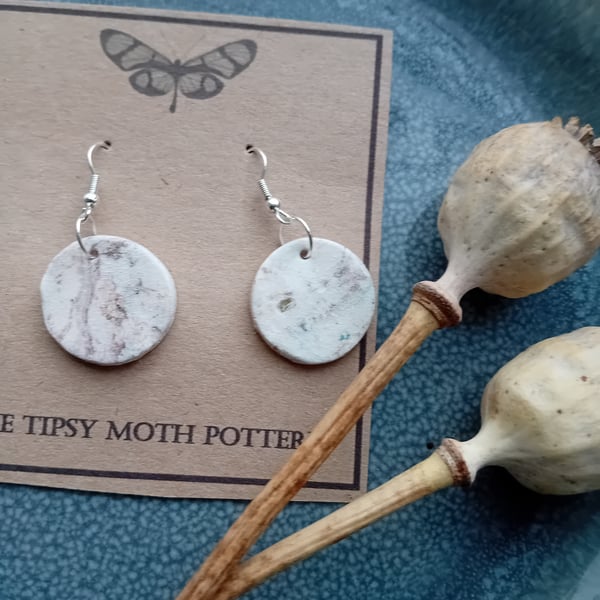 Marble effect crackle glaze circle porcelain clay earrings silver plated hooks 