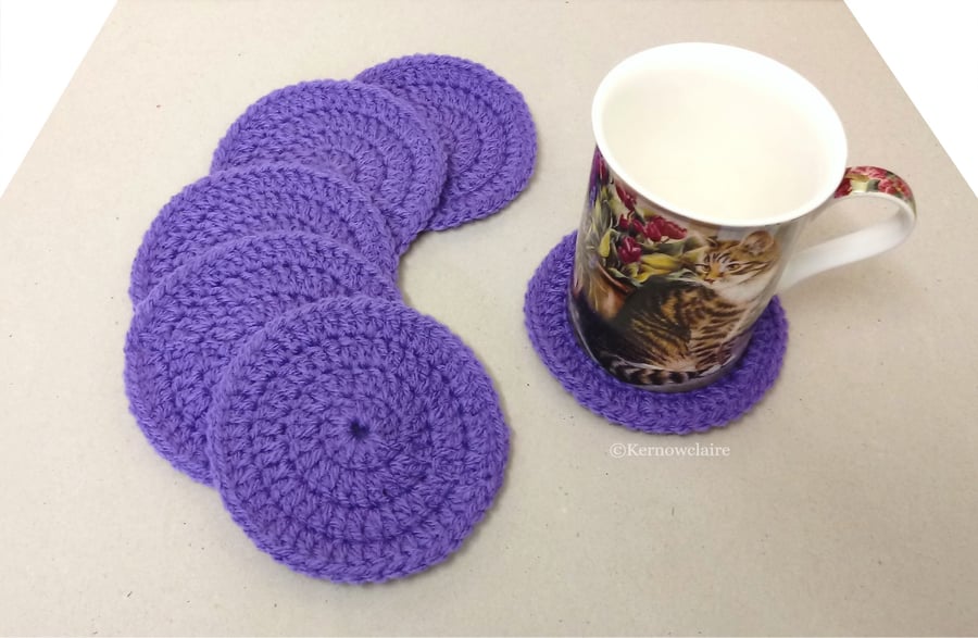 Purple round coasters, set of 6, crochet table coasters