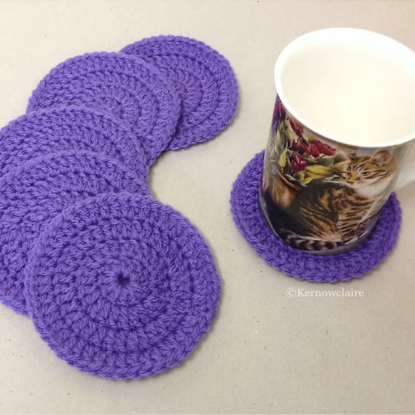 Purple round coasters, set of 6, crochet table coasters
