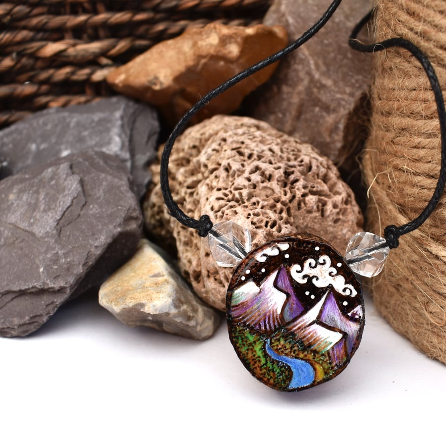 Snow capped mountain range pyrography pendant, rustic branch slice necklace. 