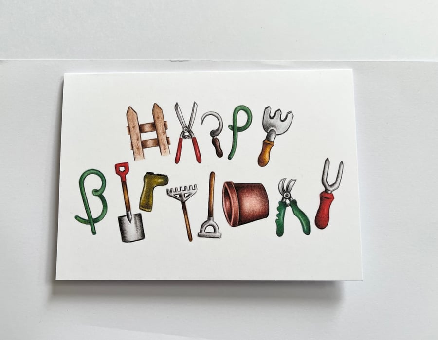 Happy Birthday card - gardener gardening alphabet word art - 7x5 inches
