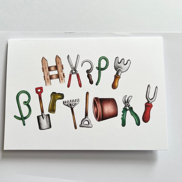 Happy Birthday card - gardener gardening alphabet word art - 7x5 inches