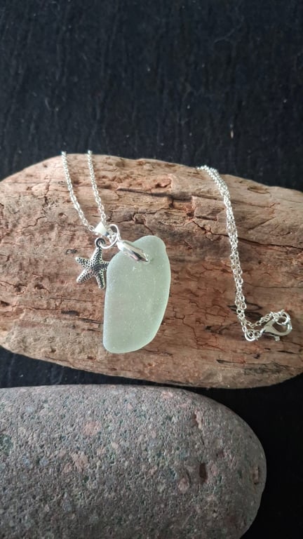 Natural seaglass pendant,silver chain