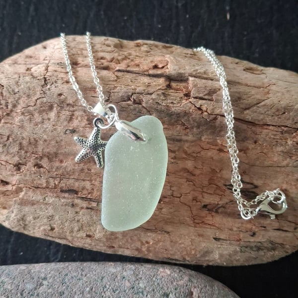 Natural seaglass pendant,silver chain