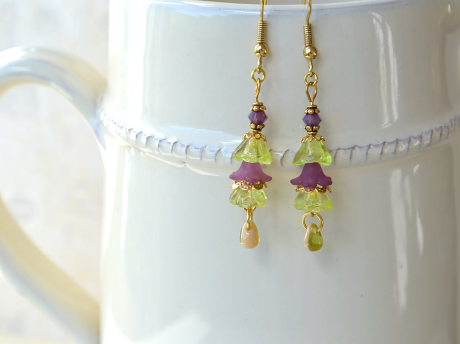 Flower Dangle Earrings, Lime Green Earrings, Flower Jewellery, Dainty