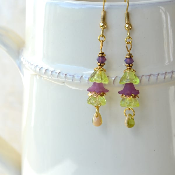 Flower Dangle Earrings, Lime Green Earrings, Flower Jewellery, Dainty