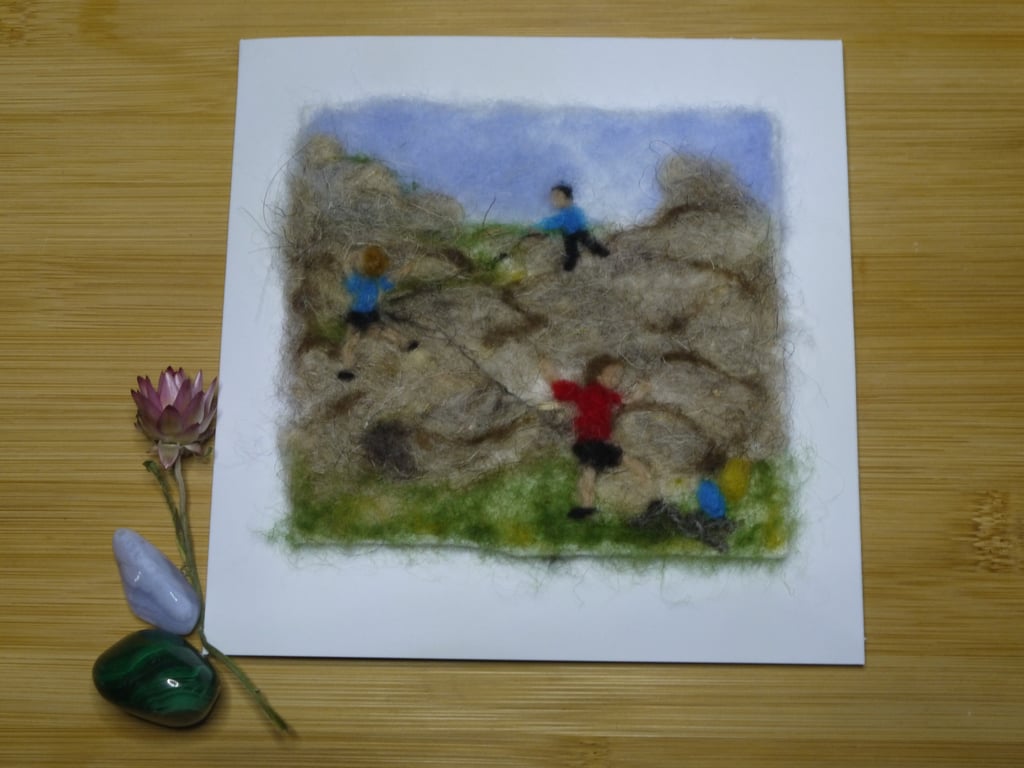 Handmade needle felted Rock Climbing greetings card