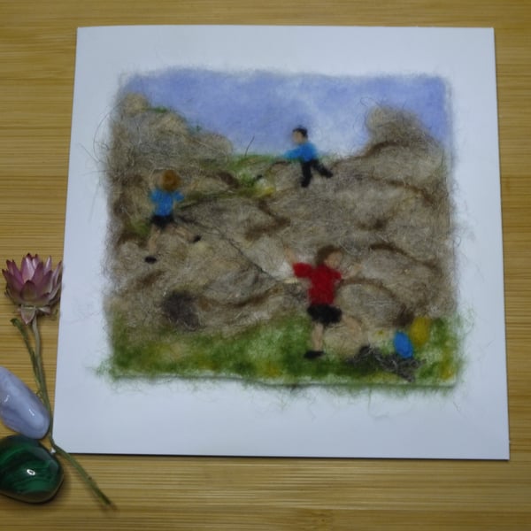 Handmade needle felted Rock Climbing greetings card