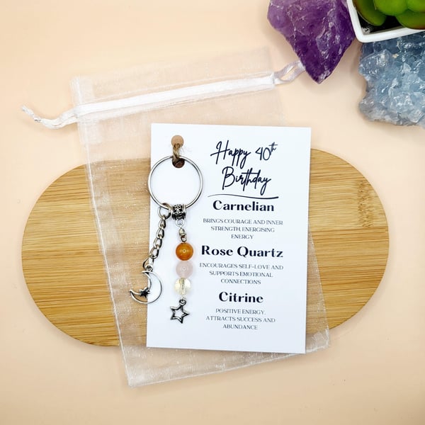 40th Birthday Gift, Crystal Keyring, Genuine Gemstones Handcrafted Keychain 