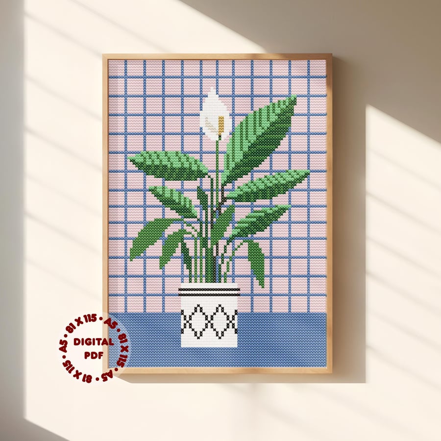 Peace Lily House Plant Cross Stitch Pattern (Needlepoint Compatible), Instant Do
